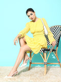 Antheaa Yellow Puff Sleeves Smocked Chiffon Fit & Flare Dress With Cut-Out Detail
