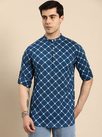 Anouk Men Pure Cotton Band Collar Checked Indigo Kurta