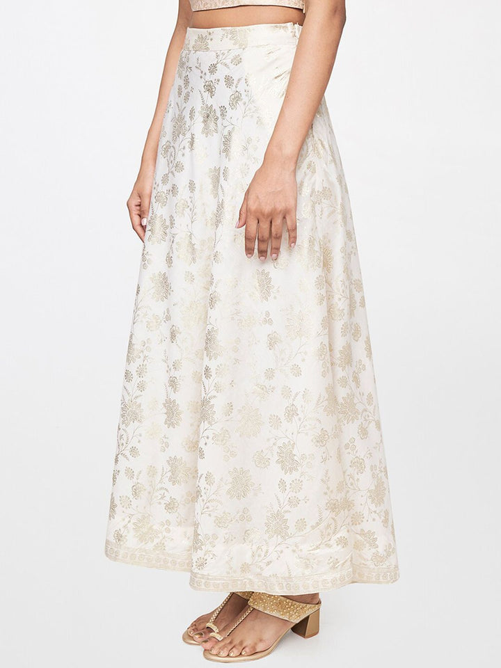 Global Desi Women Off White Gold-toned Printed Flared Maxi Skirt