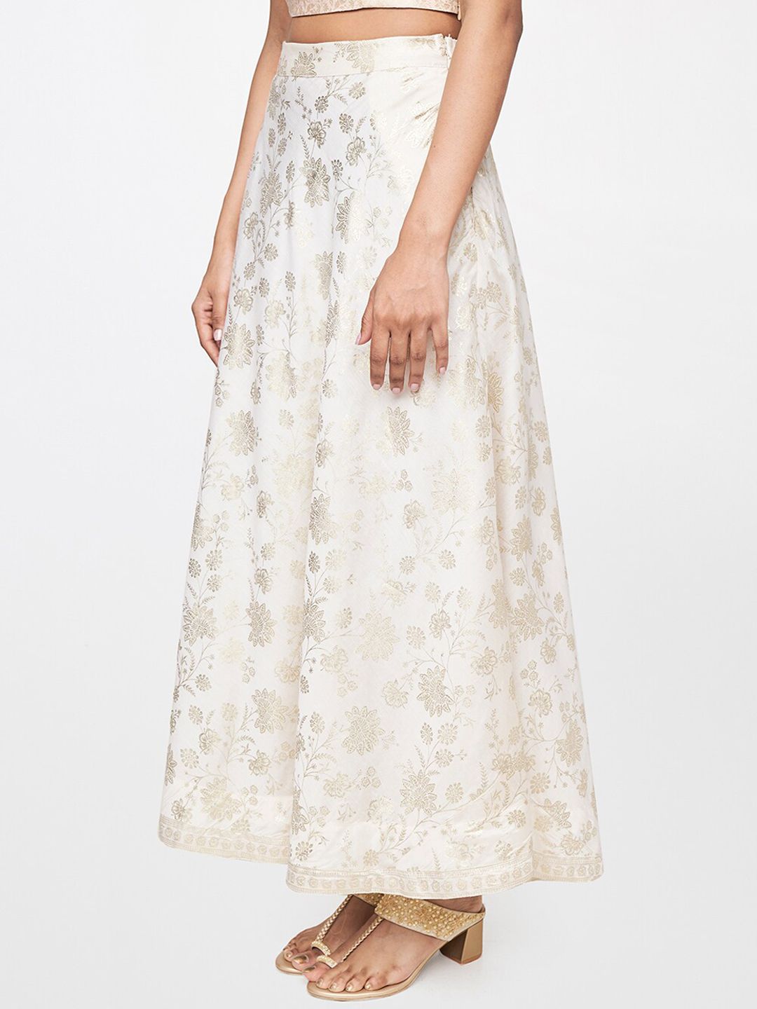 Global Desi Women Off White Gold-toned Printed Flared Maxi Skirt