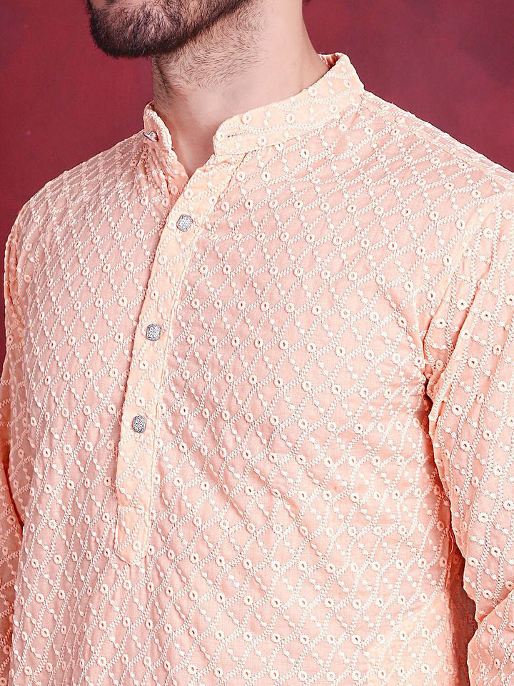 Jompers Geometric Embroidered Chikankari Band Collar Long Sleeve Collar Cotton Kurta