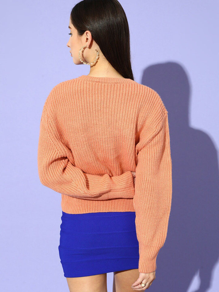 STREET 9 Women Peach-Coloured Cable Knit Crop Pullover