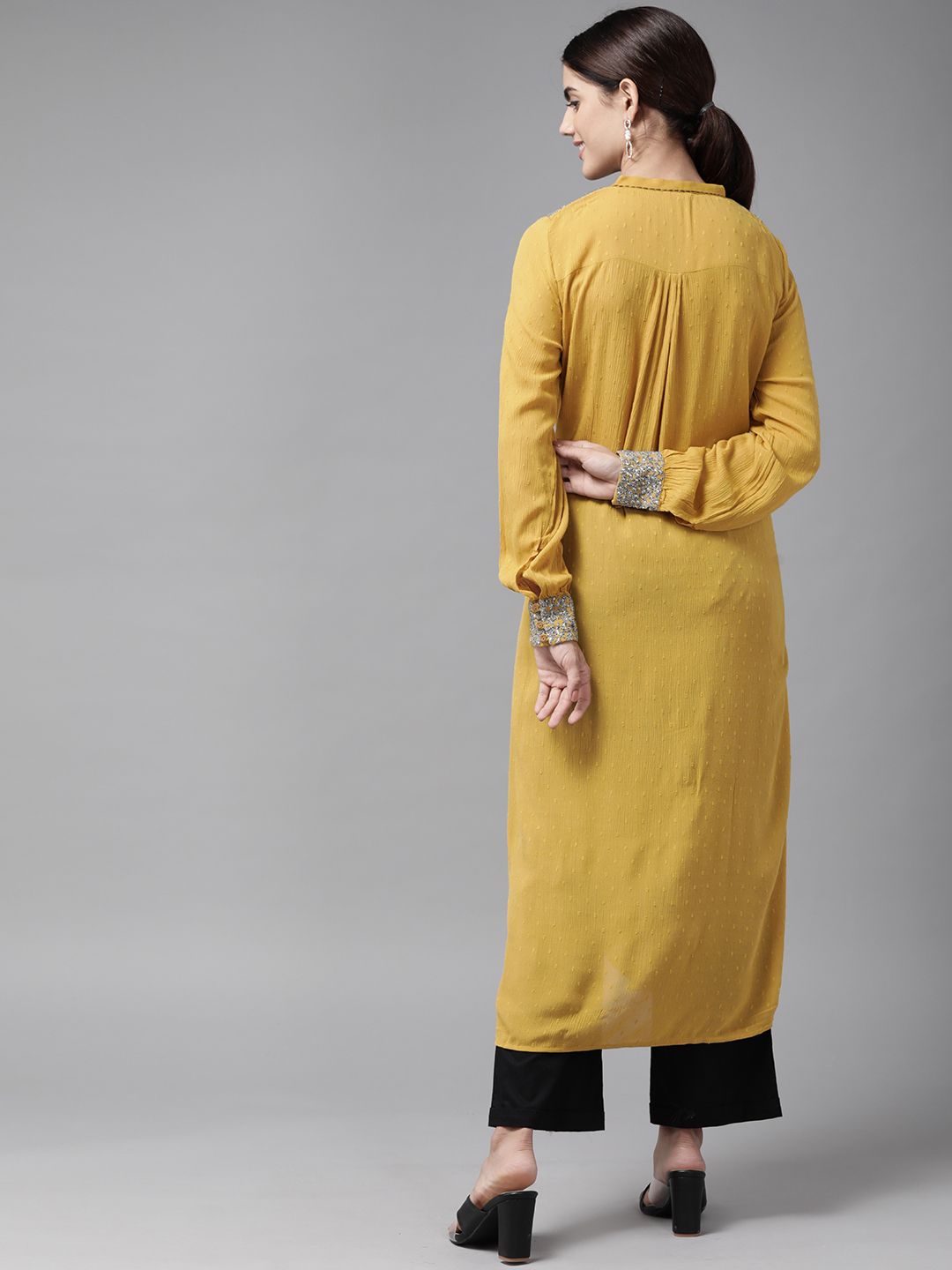W Women Mustard Yellow Woven Design A-Line Kurta