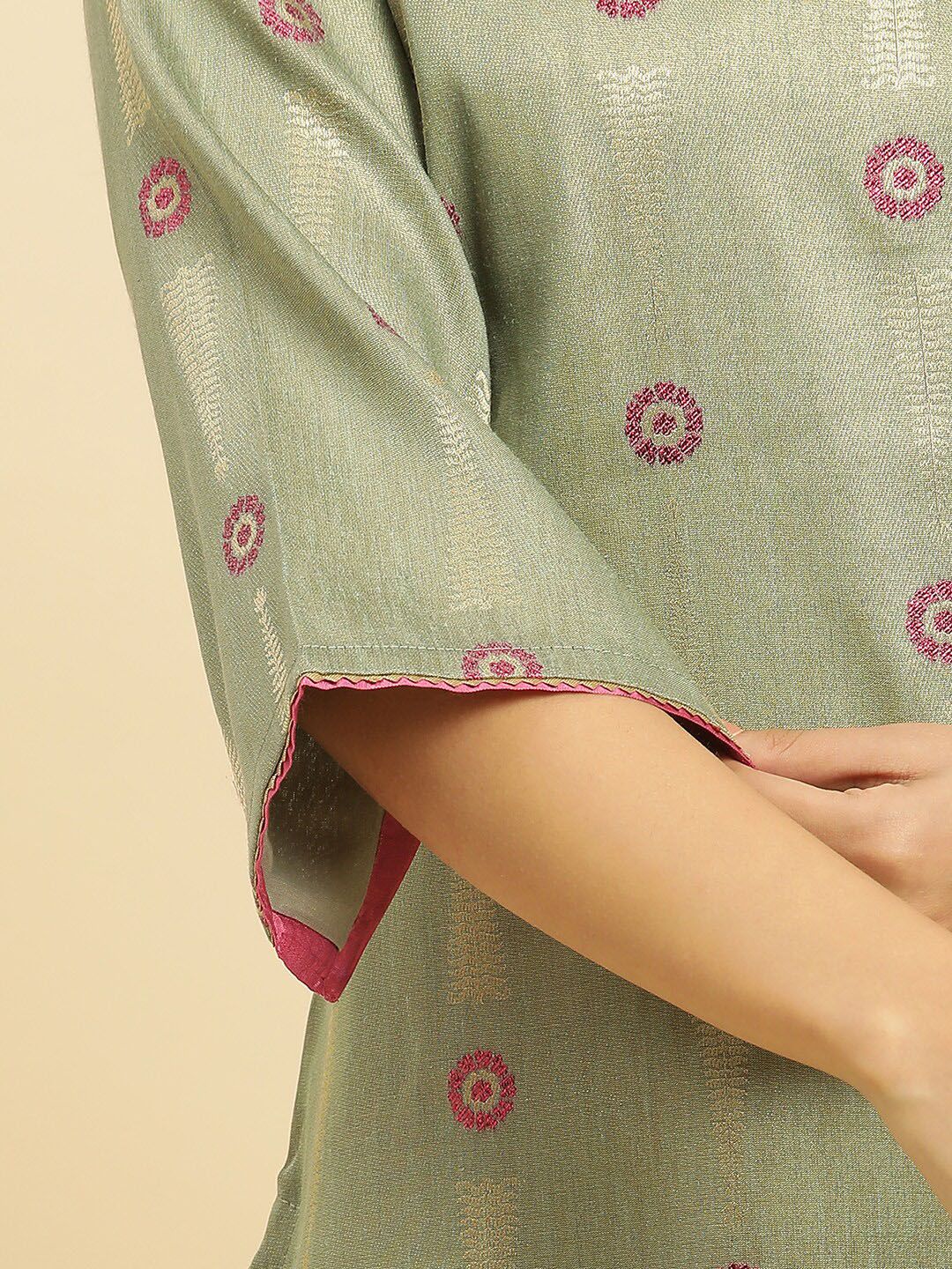 W Floral Woven Design V-Neck Three-Quarter Sleeve Gotta Patti Kurta