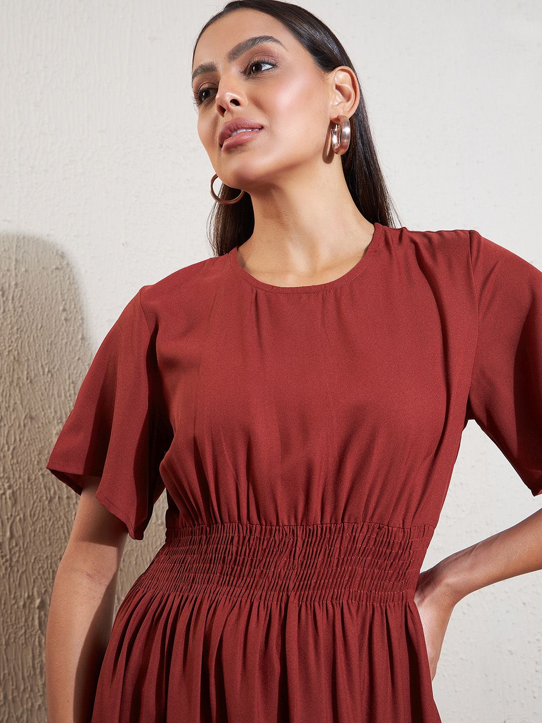 DENNISON Rust Crepe Fit & Flare Smocked Dress