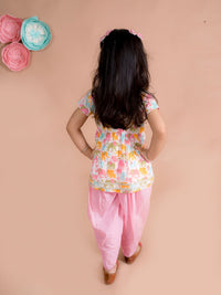 pspeaches Girls White Ethnic Motifs Printed Pleated Gotta Patti Pure Cotton Kurti with Dhoti Pants