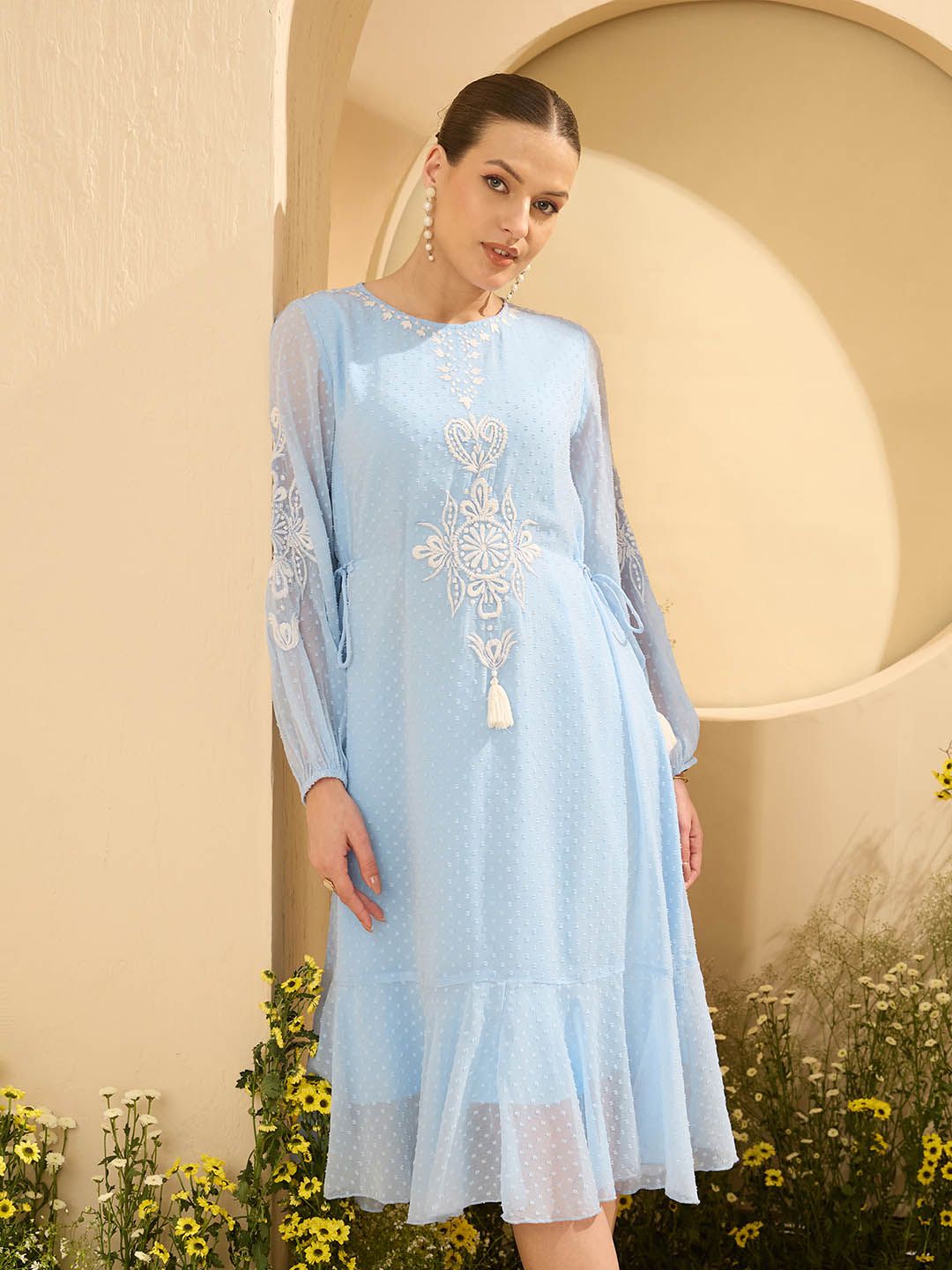 Antheaa Women Self Design Bishop Sleeve embroidered Chiffon A-Line Midi Dress