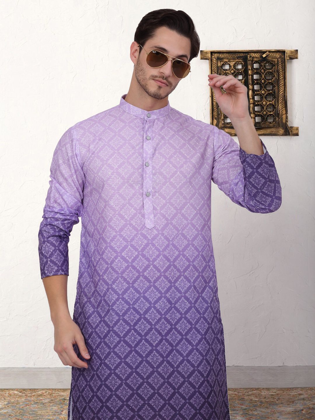 Jompers Printed Mandarin Collar Regular Ombre Kurta with Pyjamas