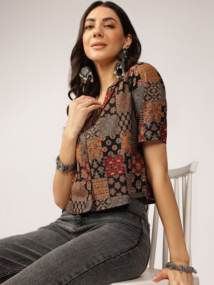 Anouk Ethnic Printed Cuban Collar Pure Cotton Shirt Style Top
