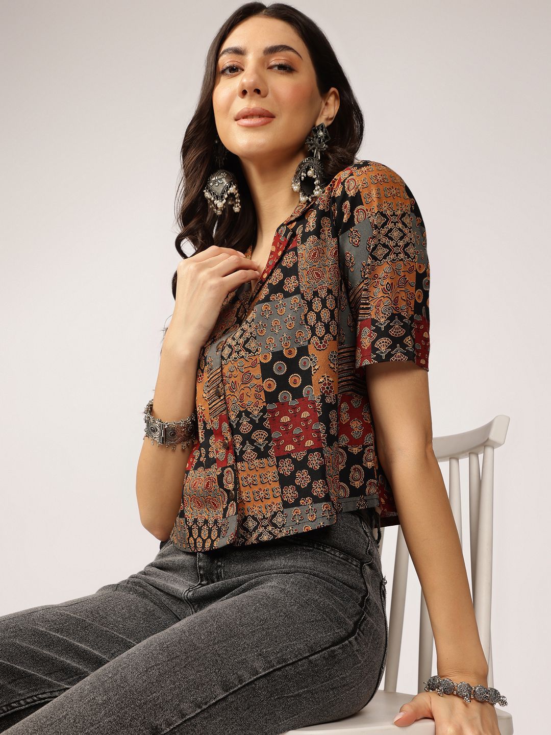Anouk Ethnic Printed Cuban Collar Pure Cotton Shirt Style Top