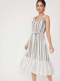 The Label Life Striped  V-Neck Tie-Ups Cotton A-Line Midi Dress