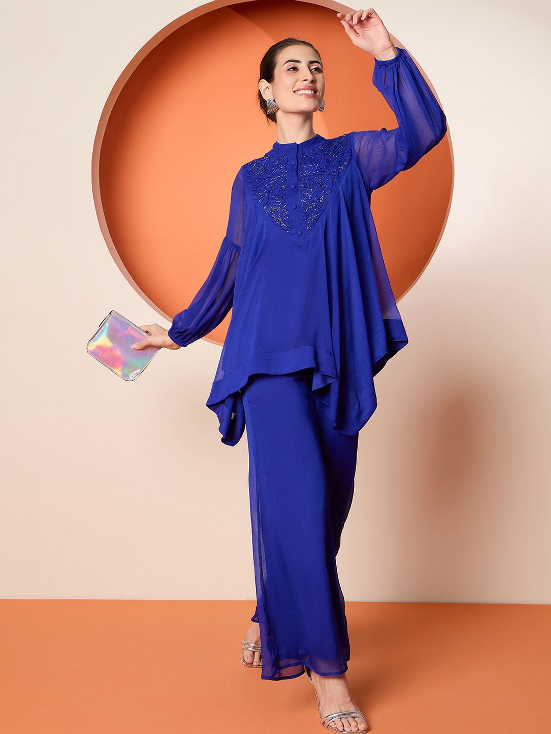 Antheaa Blue Embellished Band Collar Top With Palazzo