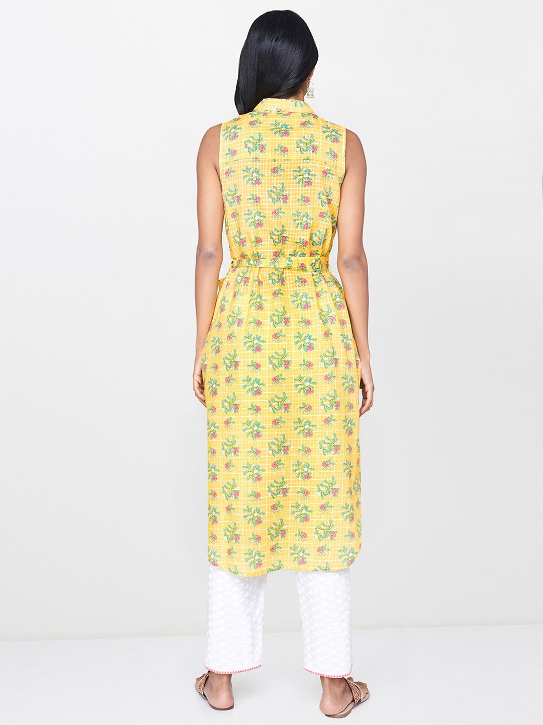 Global Desi Women Yellow & Green Printed Straight Kurta
