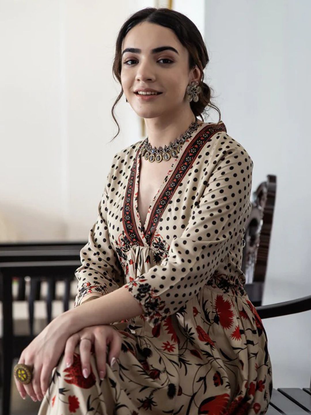 Rustorange Women Beige & Orange Printed A-Line Dress