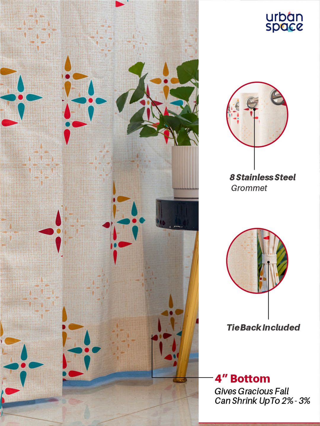 URBAN SPACE White & Red 2 Pieces Floral Printed Window Curtain