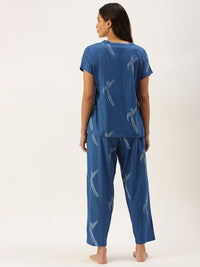 SANSKRUTIHOMES Women Blue & White Pure Cotton Conversational Printed Pyjama Set