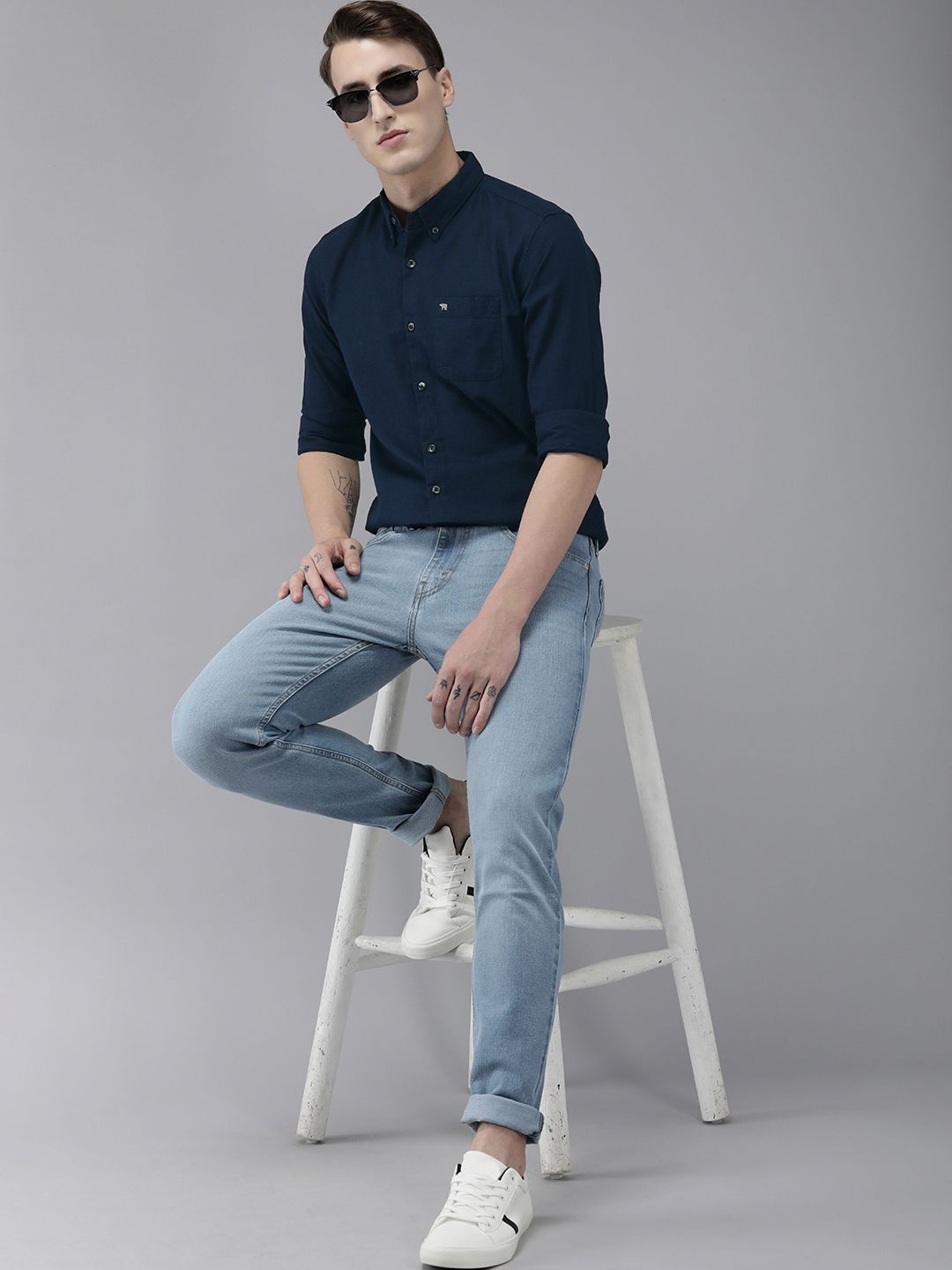 THE BEAR HOUSE Men Navy Blue Slim Fit Casual Shirt