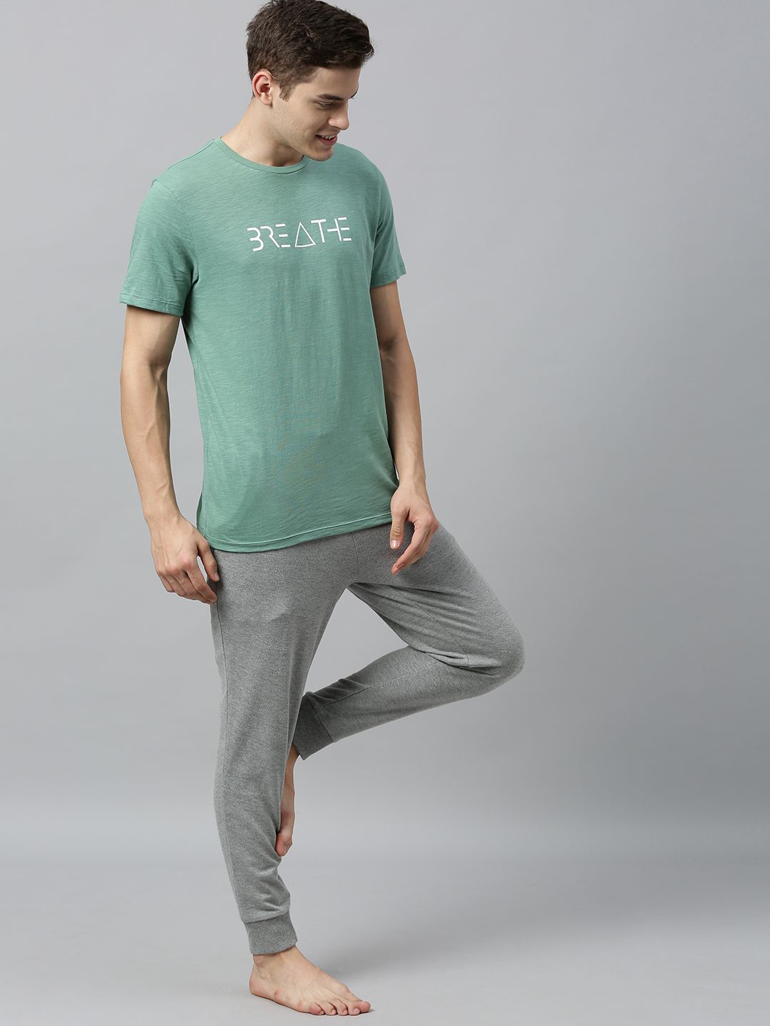 HRX by Hrithik Roshan Men Green Printed Bio-Wash Yoga Pure Cotton T-shirt