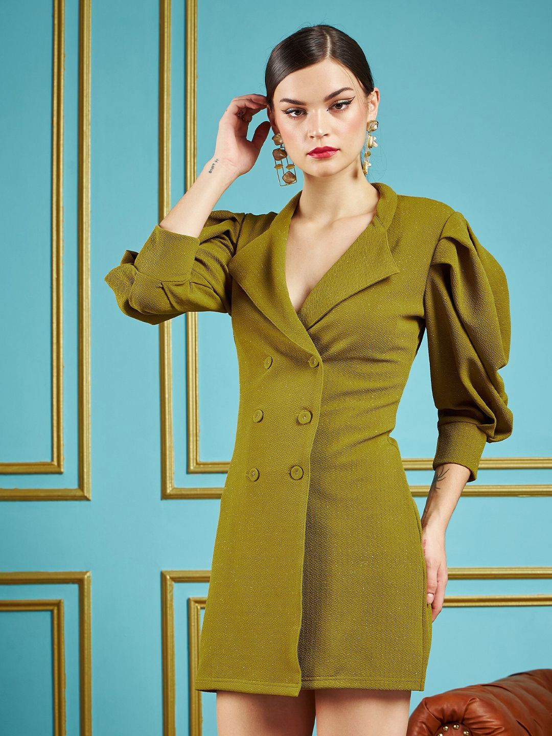 SASSAFRAS Olive Green Self Design V-Neck Puff Sleeves Self Design