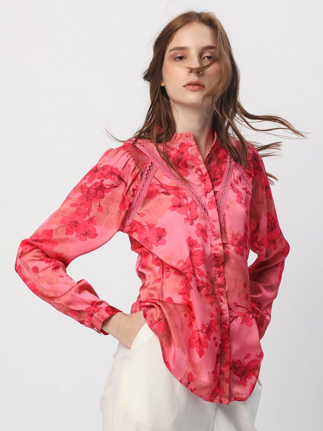 RAREISM Floral Printed Mandarin Collar Cuffed Sleeves Styled Back Top