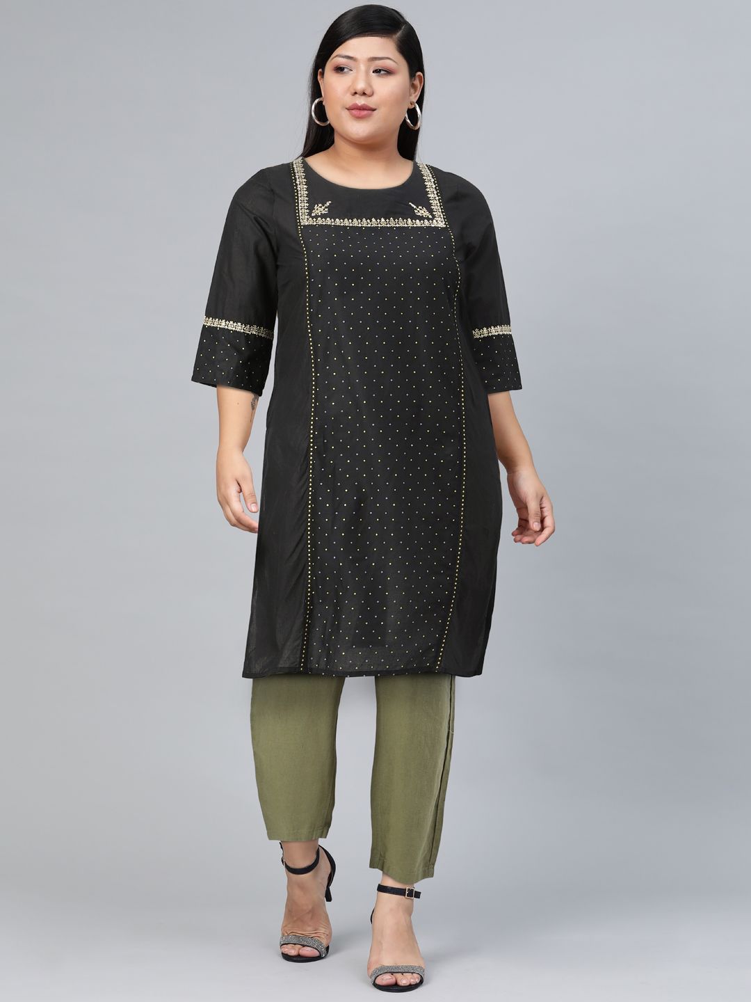 W Women Black Ethnic Motifs Yoke Design Thread Work Kurta