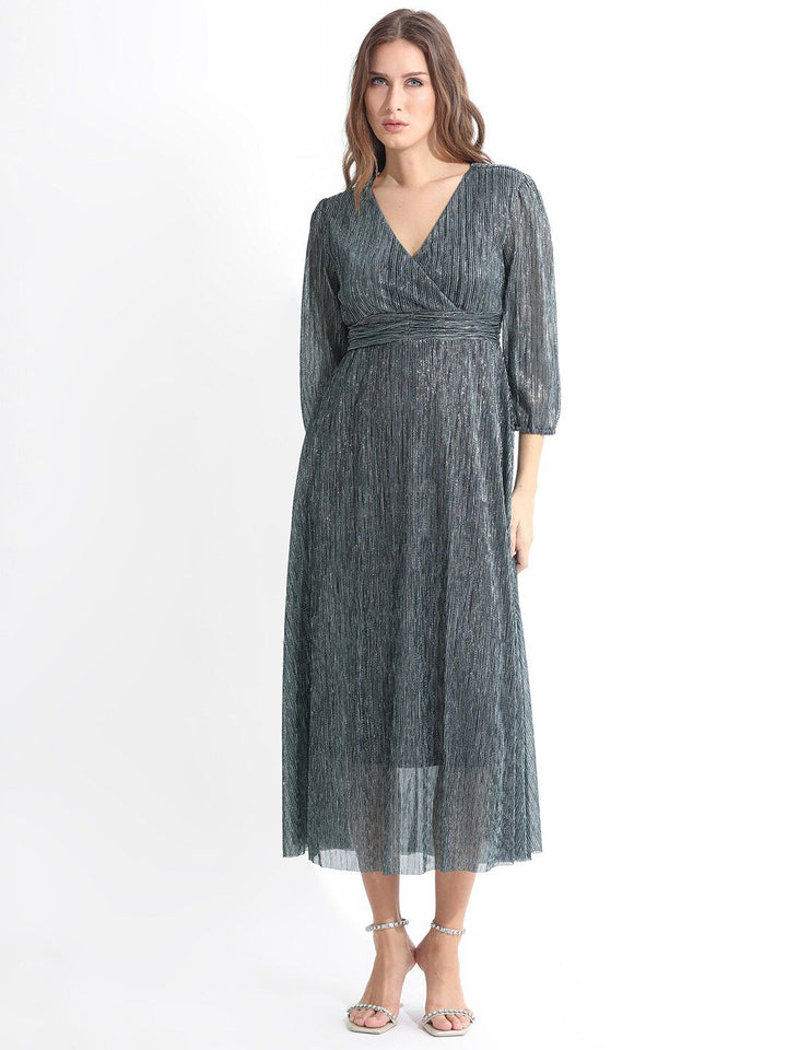 RAREISM Self Design Cuffed Sleeves Fit & Flare Midi Dress