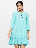Global Desi Blue Tie-Up Neck Drop-Waist Pure Cotton Dress