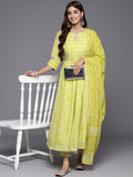 Libas Womens Green Yoke Design Cotton Anarkali Kurta With Trousers & Dupatta