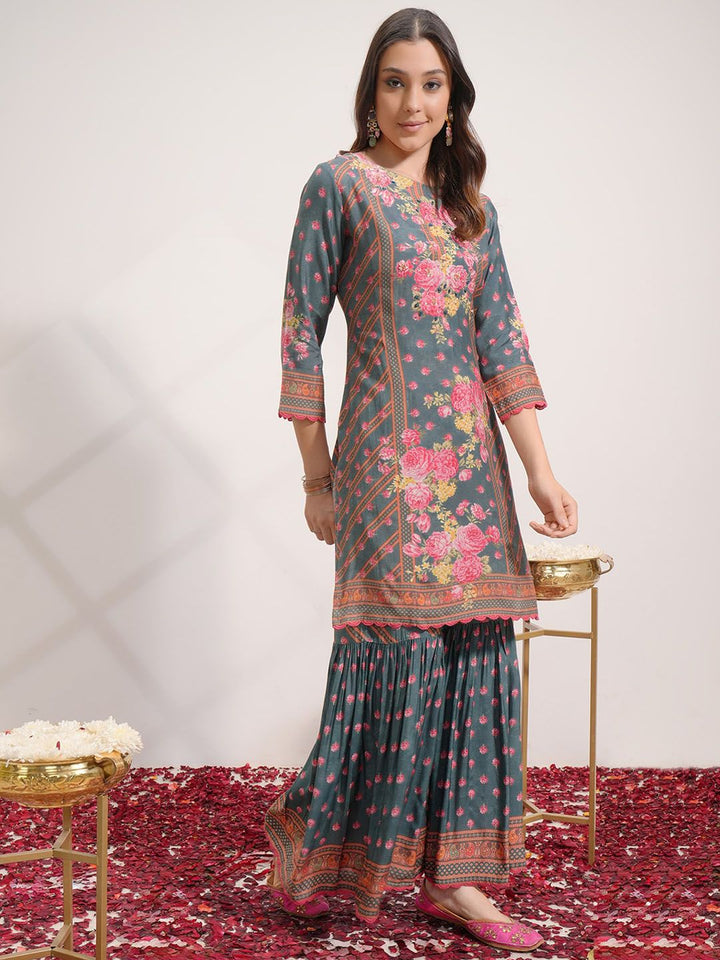 Vishudh Floral Printed Regular Beads and Stones Kurta with Sharara & With Dupatta
