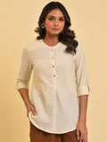 W Mandarin Collar Roll-Up Sleeves Cotton Shirt Style Top