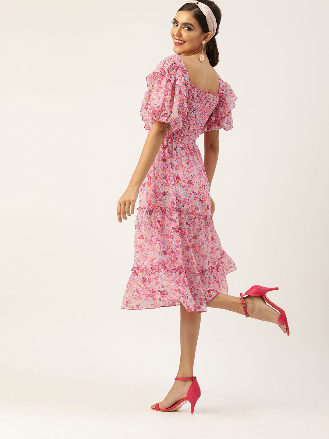Antheaa Pink Floral Printed Fit and Flare Dress