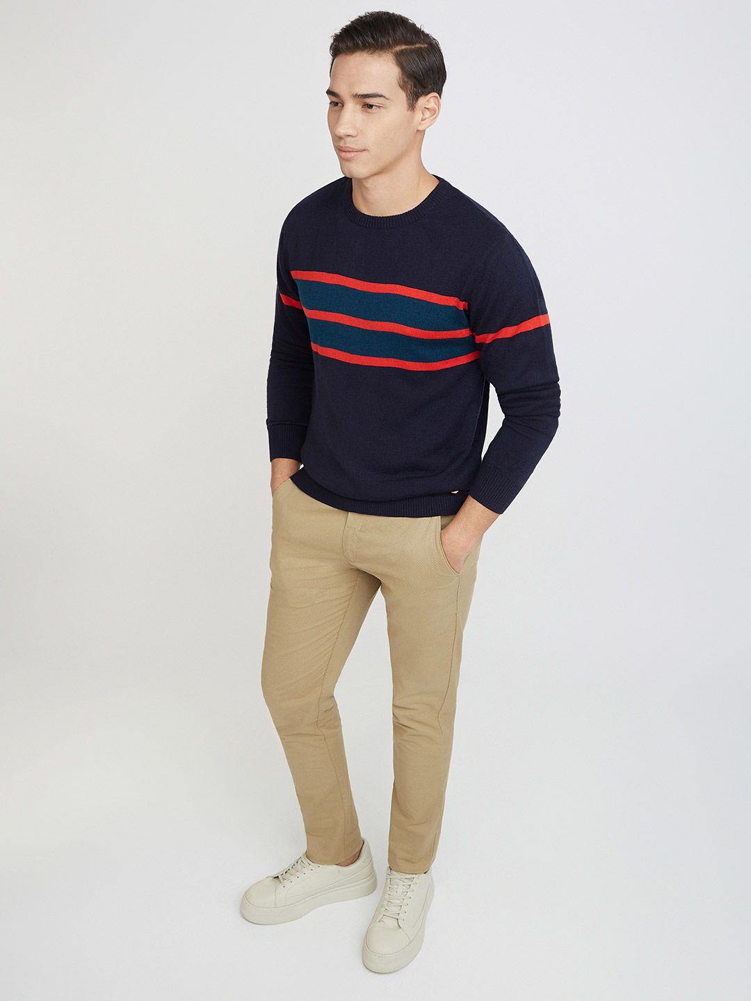 Raymond Men Navy Blue & Red Striped Pullover
