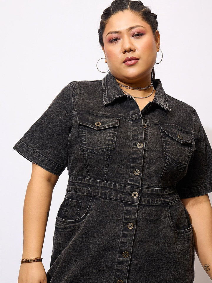 SASSAFRAS Curve Plus Size Shirt Collar Acid Wash Denim Shirt Midi Dress