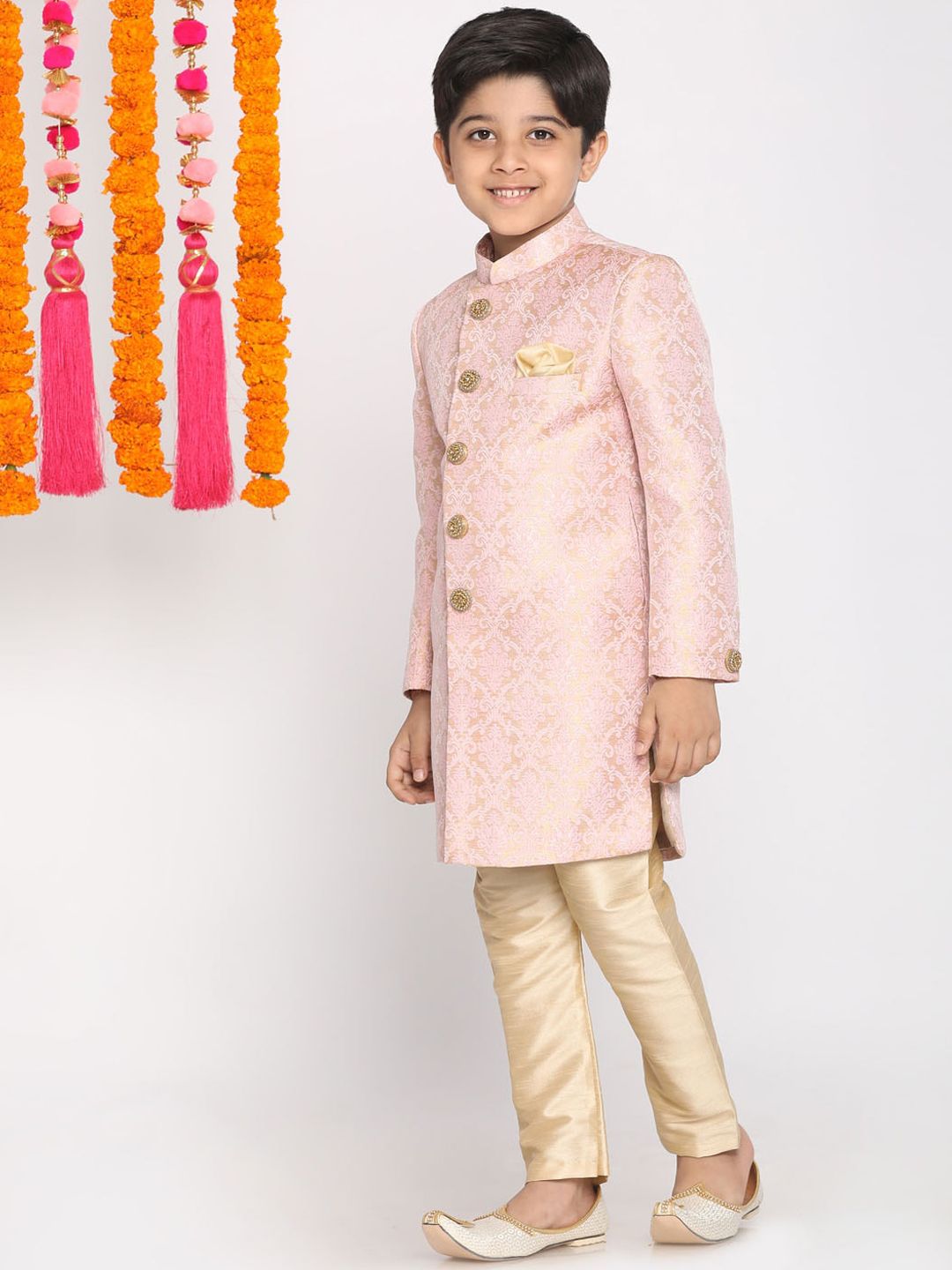 Vastramay Boys Pink & Gold-Coloured Design Brocade Brocade Slim Fit Sherwani Set