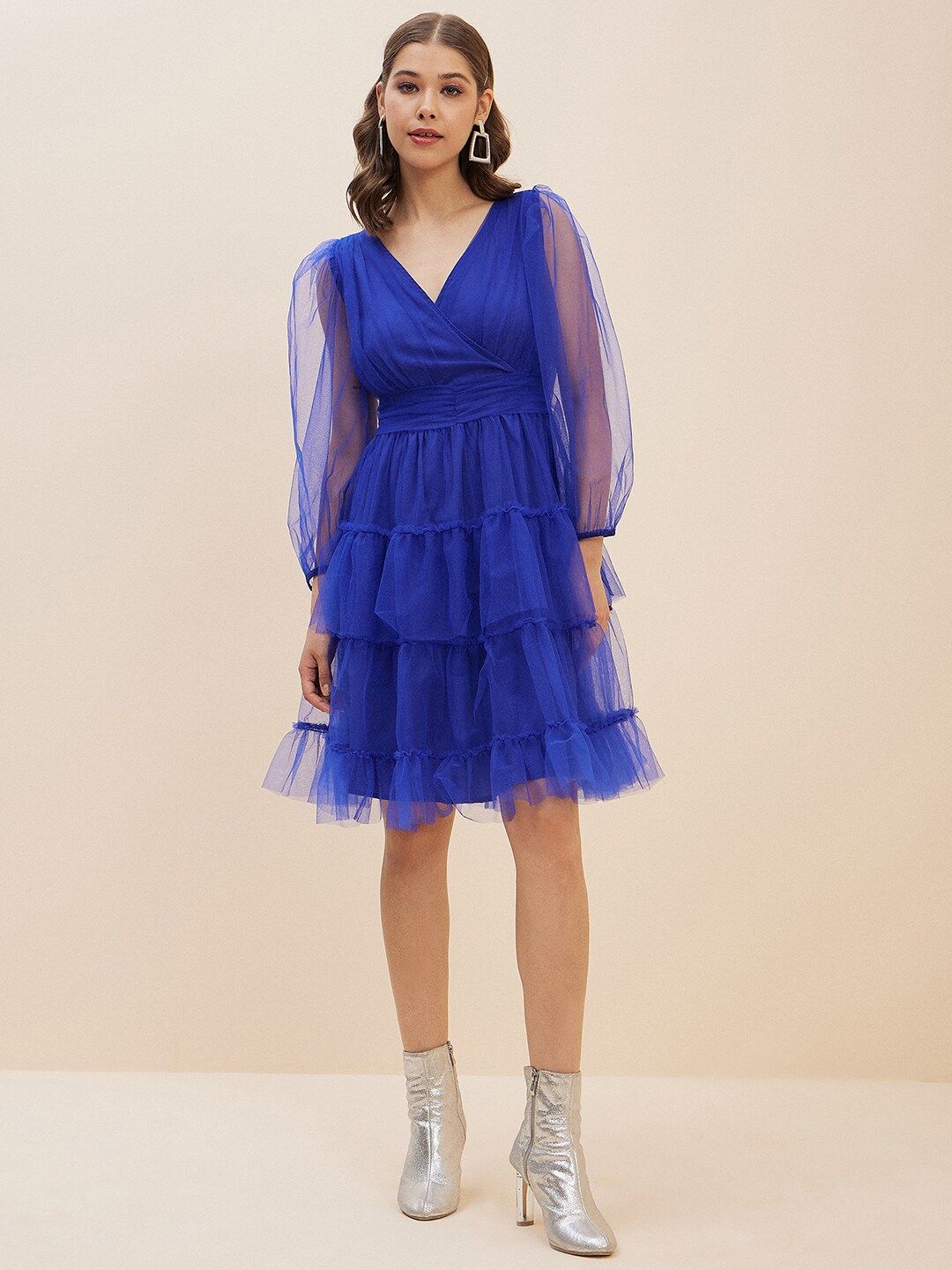 Antheaa Blue Puff Sleeve Net Fit & Flare Dress