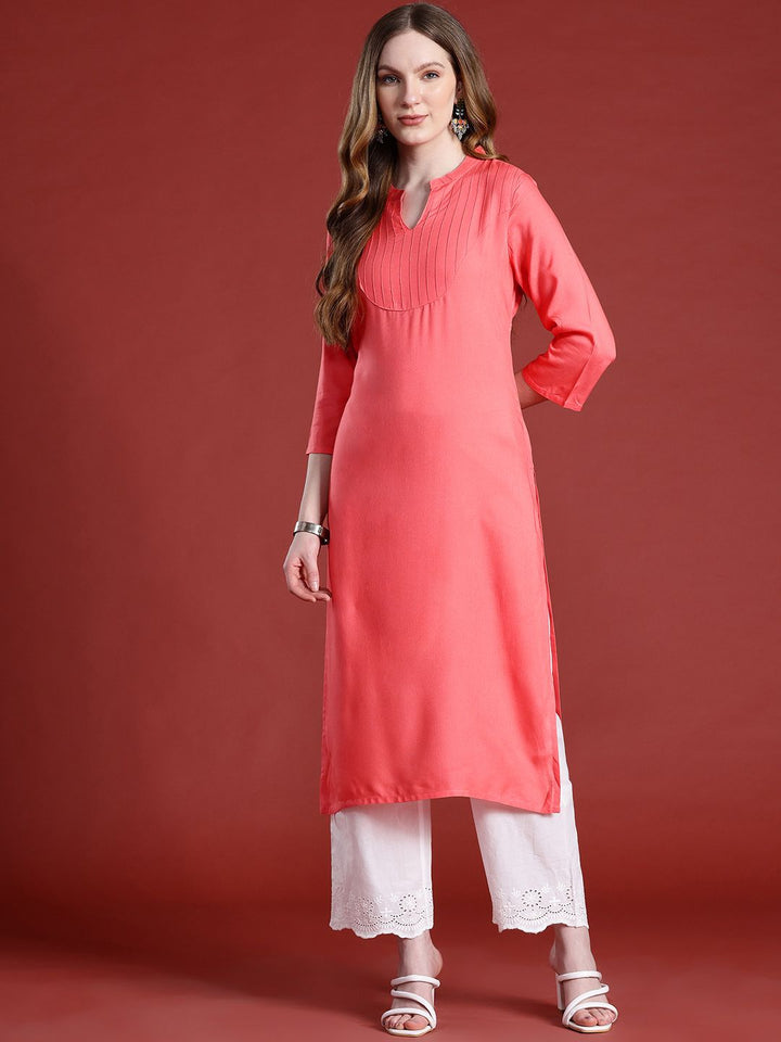 Anouk Self-Striped Band Collar Calf Length Straight Kurta