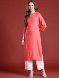 Anouk Self-Striped Band Collar Calf Length Straight Kurta