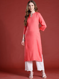 Anouk Self-Striped Band Collar Calf Length Straight Kurta