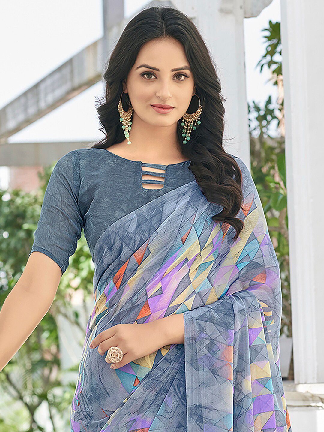 KALINI Geometric Printed Pure Chiffon Dabu Saree