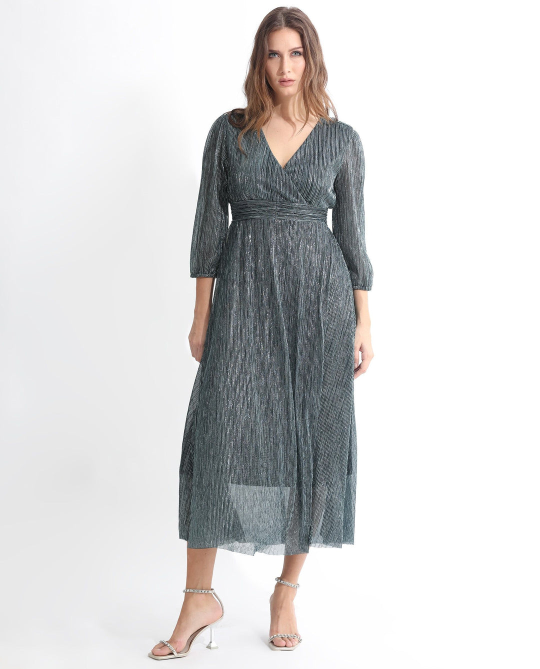 RAREISM Self Design Cuffed Sleeves Fit & Flare Midi Dress