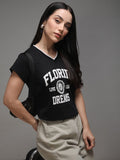 DILLINGER Women Regular Fit Cropped V-Neck Varsity Printed Tshirt