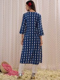 Indo Era Floral Printed Round Neck Three-Quarter Sleeves Straight Kurta