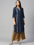 W Women Navy Blue Ethnic Printed Straight Kurta