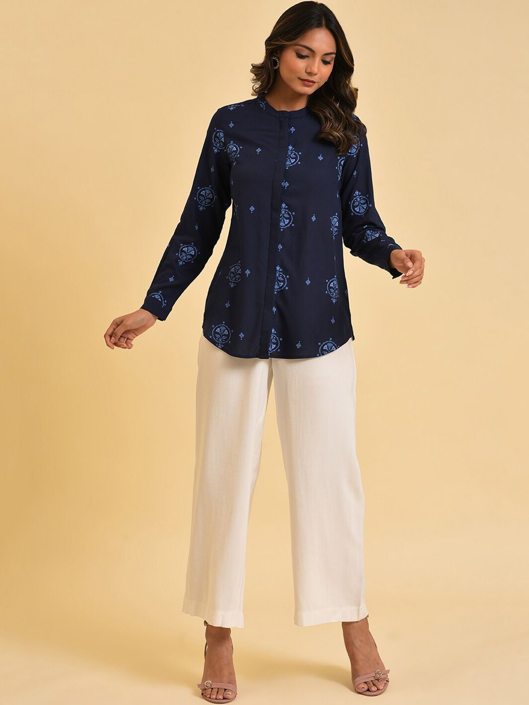W Blue Ethnic Motifs Printed Casual Shirt