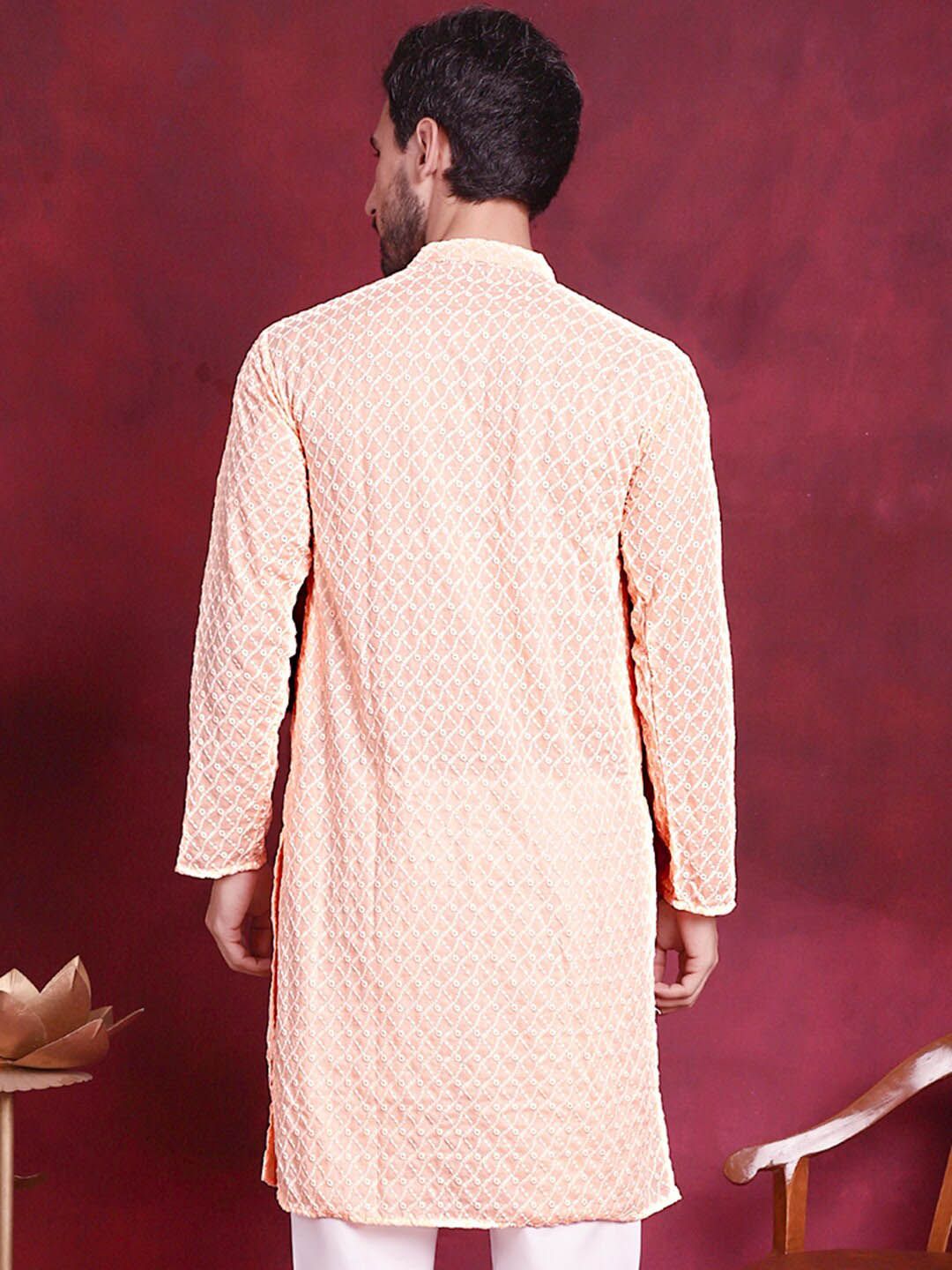 Jompers Geometric Embroidered Chikankari Band Collar Long Sleeve Collar Cotton Kurta
