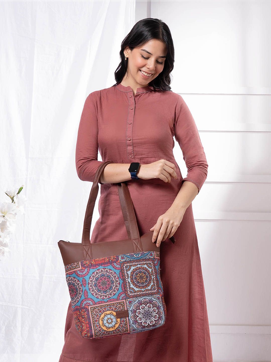 ZOUK Ethnic Motifs Printed Jute Tote Bag