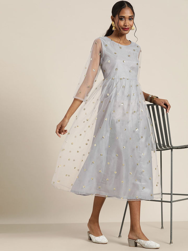 Shae by SASSAFRAS Grey & Gold-Toned Embellished Ethnic A-Line Midi Dress