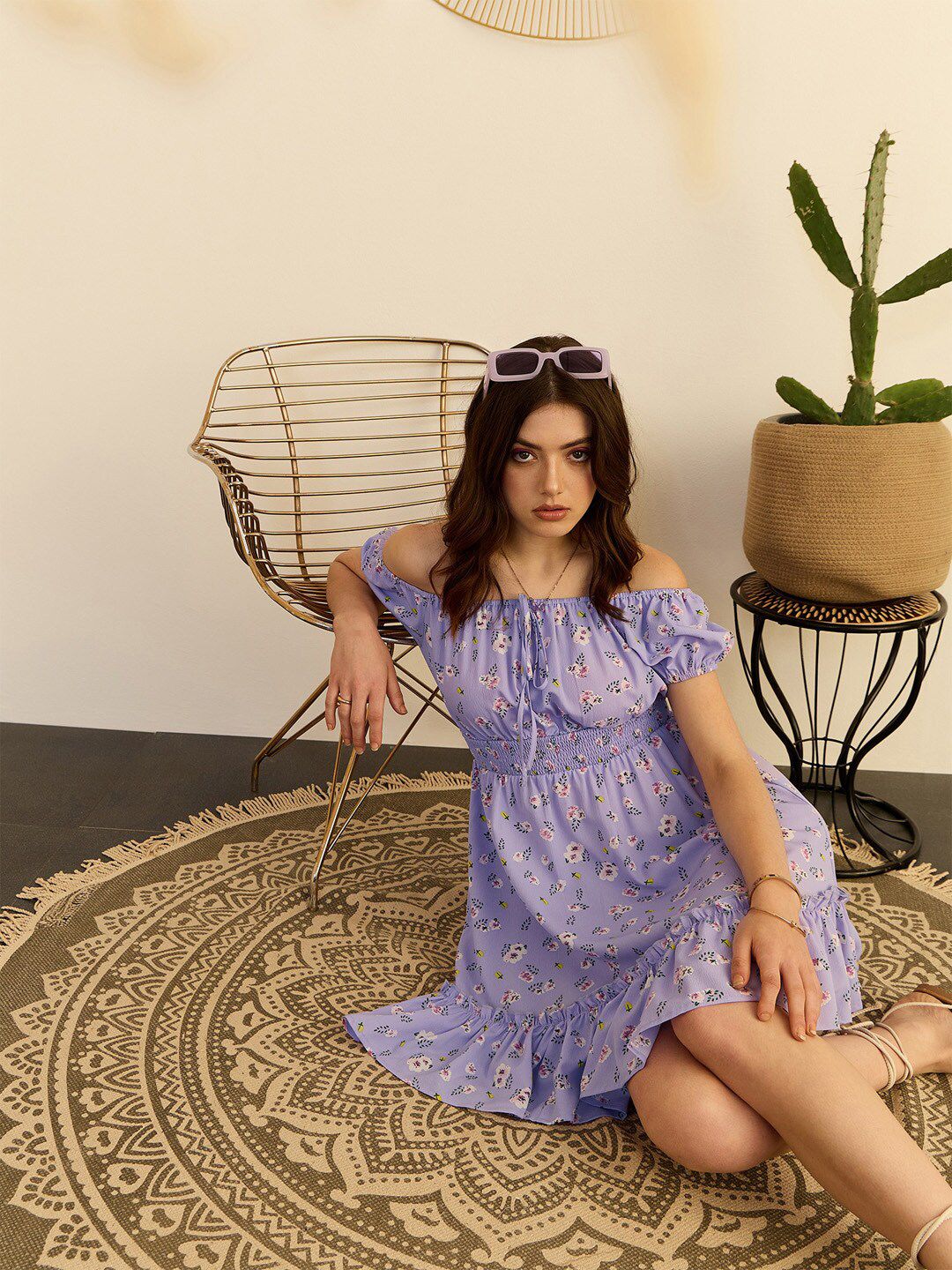 Berrylush Purple Floral Print Off-Shoulder Smocked Fit & Flare Dress