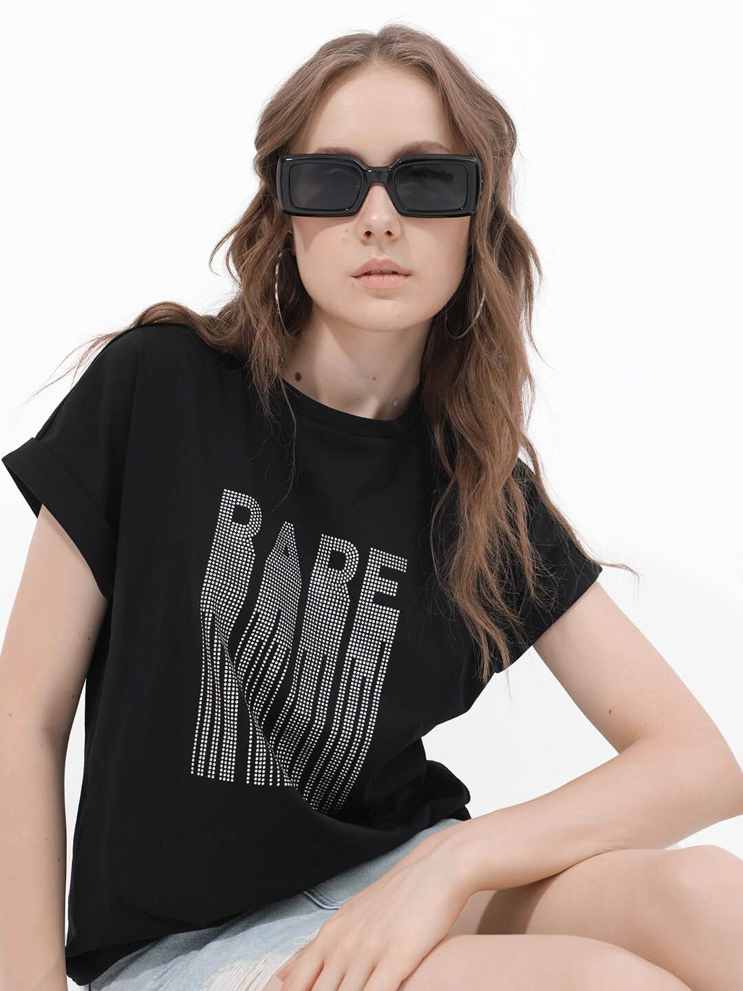 RAREISM BOCATO Graphic Printed Extended Sleeves Cotton Crop T-shirt