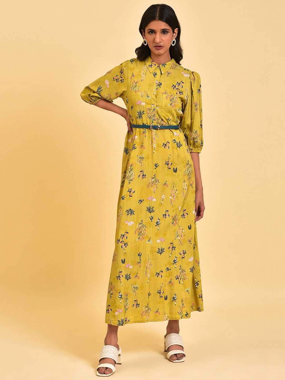 W Green Floral Printed Shirt Collar Neck Belted A-Line Midi Dress